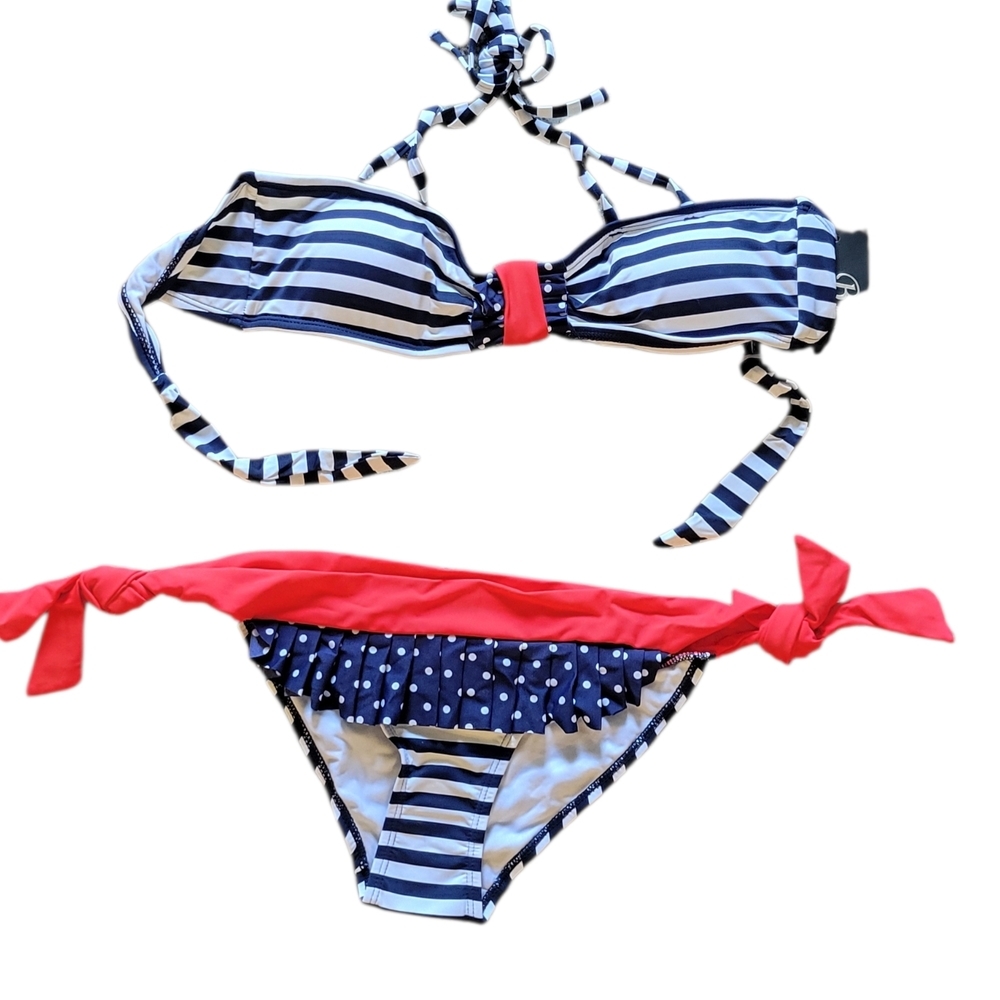 Striped Navy & White Bikini with Red Accents Padded Push-Up